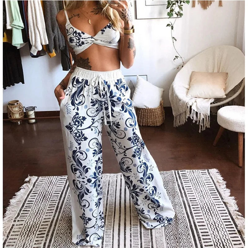 Boho Print Sleeveless Crop Top & Wide Leg Pants Set Women's Fashion 2-Piece Tracksuit  Milanni Fashion   