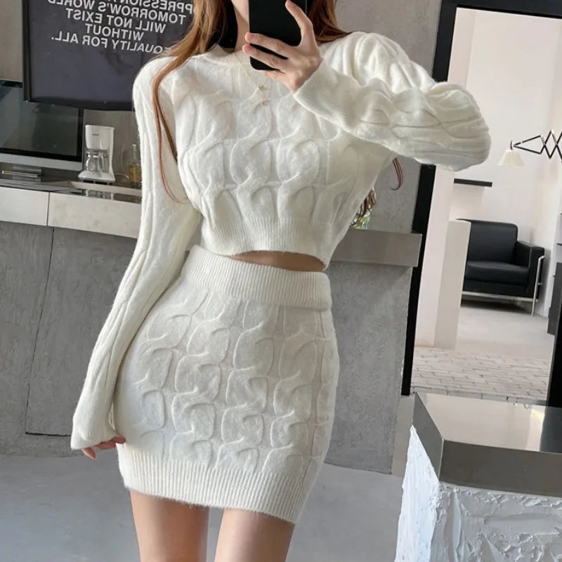 Elegant Winter Knitted Two Piece Set for Women O-Neck Sweater Crop Top & Mini Skirt Milanni Fashion