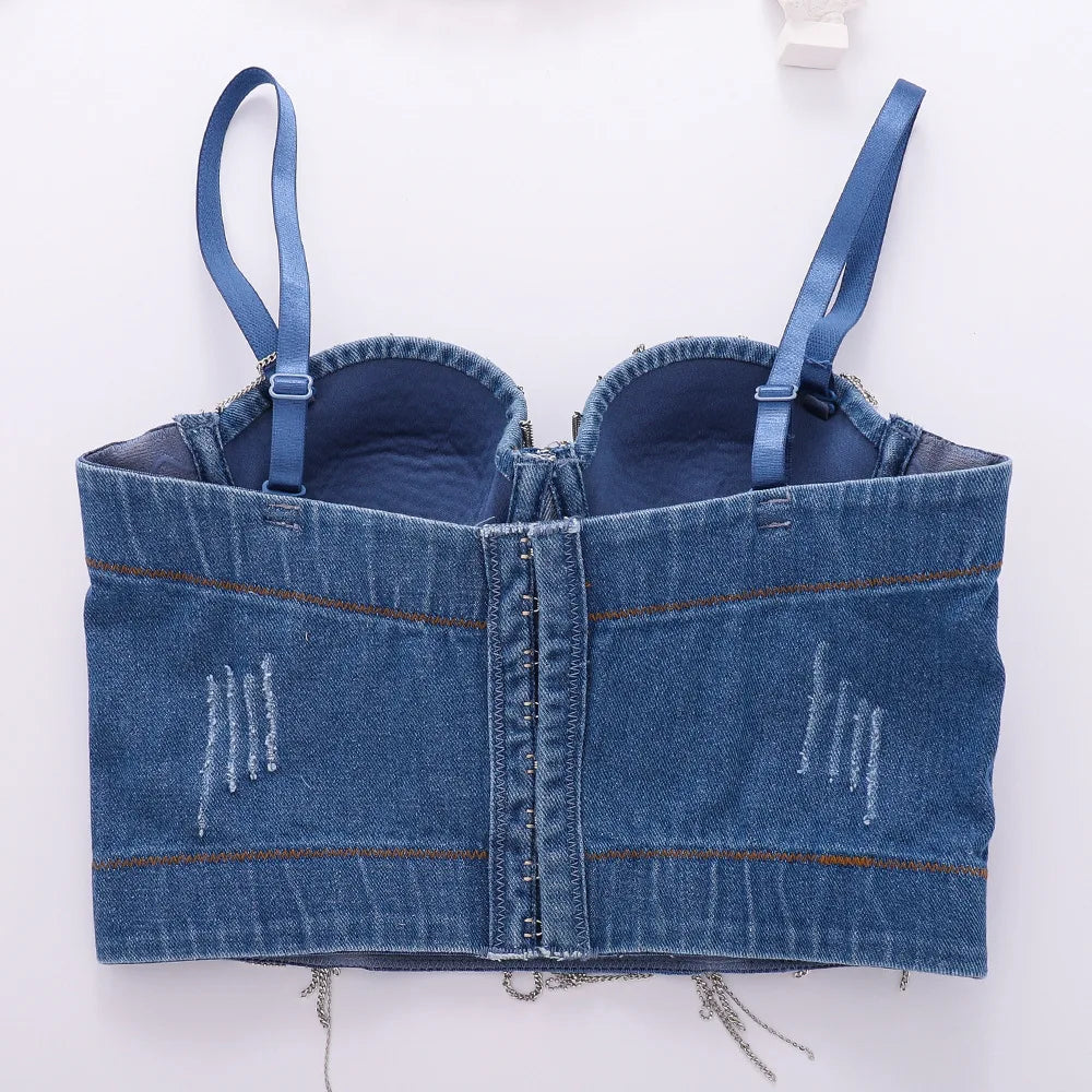 Tassel Fringes Denim Blue Crop Top Sexy Push Up Bustier Padded Corset Jeans Camisole for Women Milanni Fashion