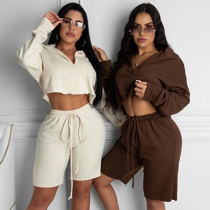 Casual Style Long Sleeve Stand Collar Crop Top and Shorts Two Piece Set for Women Stylish Summer Outfit Milanni Fashion