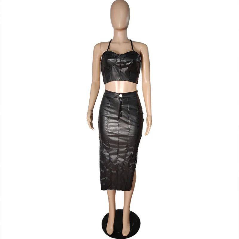 Sexy PU Leather Two Piece Set Women Chain Backless Crop Top and Midi Skirt Clubwear Birthday Dress Set Milanni Fashion