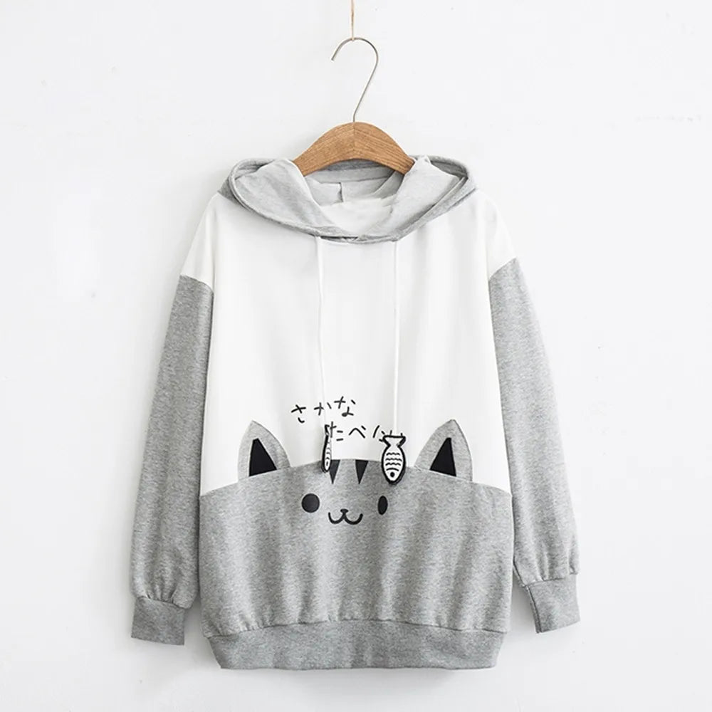 Kawaii Cat Print Sweatshirt Hoodie for Women Loose Casual Long Sleeve Pullover with Pocket Blouse Top Milanni Fashion