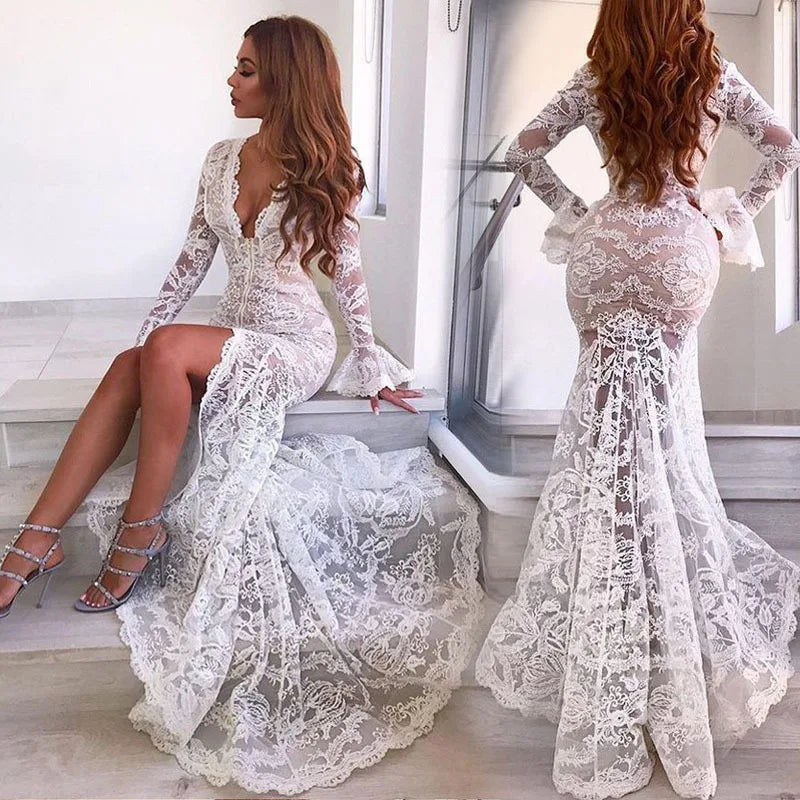 Women Sexy Lace Dress Deep V Neck Flare Sleeve Mermaid Vintage Maxi Long Dress Maxi Dress Milanni Fashion   