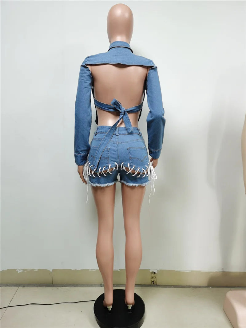 Women's Sexy Denim 2-Piece Set Backless Jacket Top & Lace-Up Shorts for Party Club Wear  Milanni Fashion   