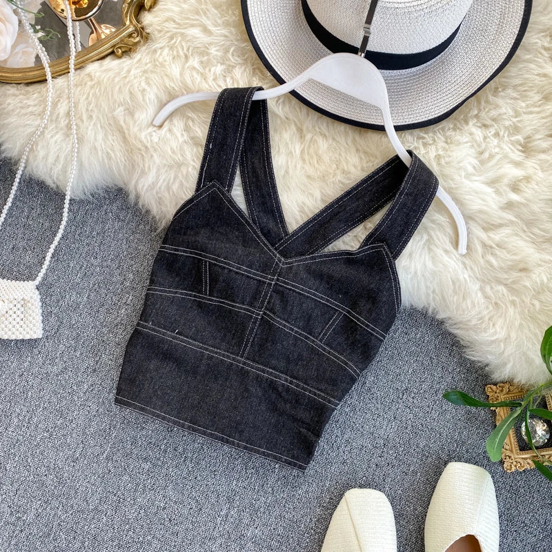 Vintage Denim Vest for Women Sexy Club Party Night Chic Cotton Jeans Bralette  Milanni Fashion black One Size 