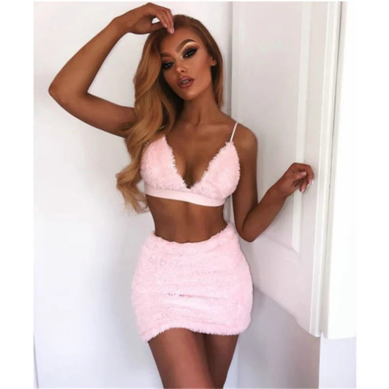 Sexy Off-Shoulder Deep V-Neck Crop Top & Fur High Waist Mini Pencil Skirt Two-Piece Women's Suit Milanni Fashion