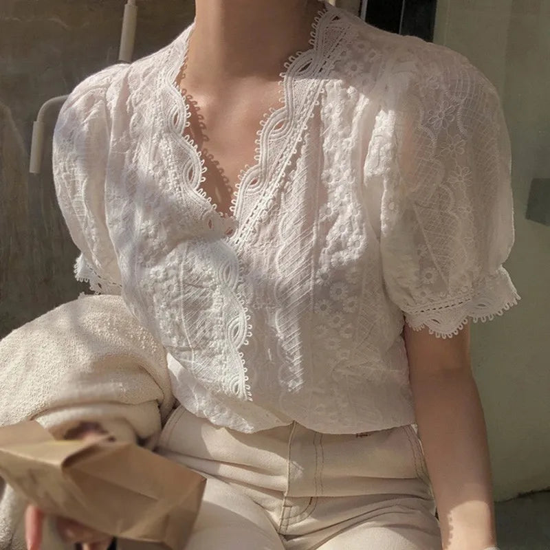 Office Ladies Lace Border Shirt Fashion Women Hollow Out White Blouse  Milanni Fashion   