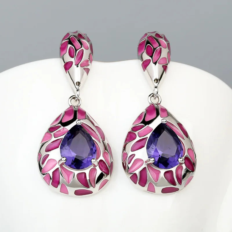 925 Silver Plated Purple Stone & Blue CZ Earrings, Handmade Enamel Fine Jewelry for Women Milanni Fashion