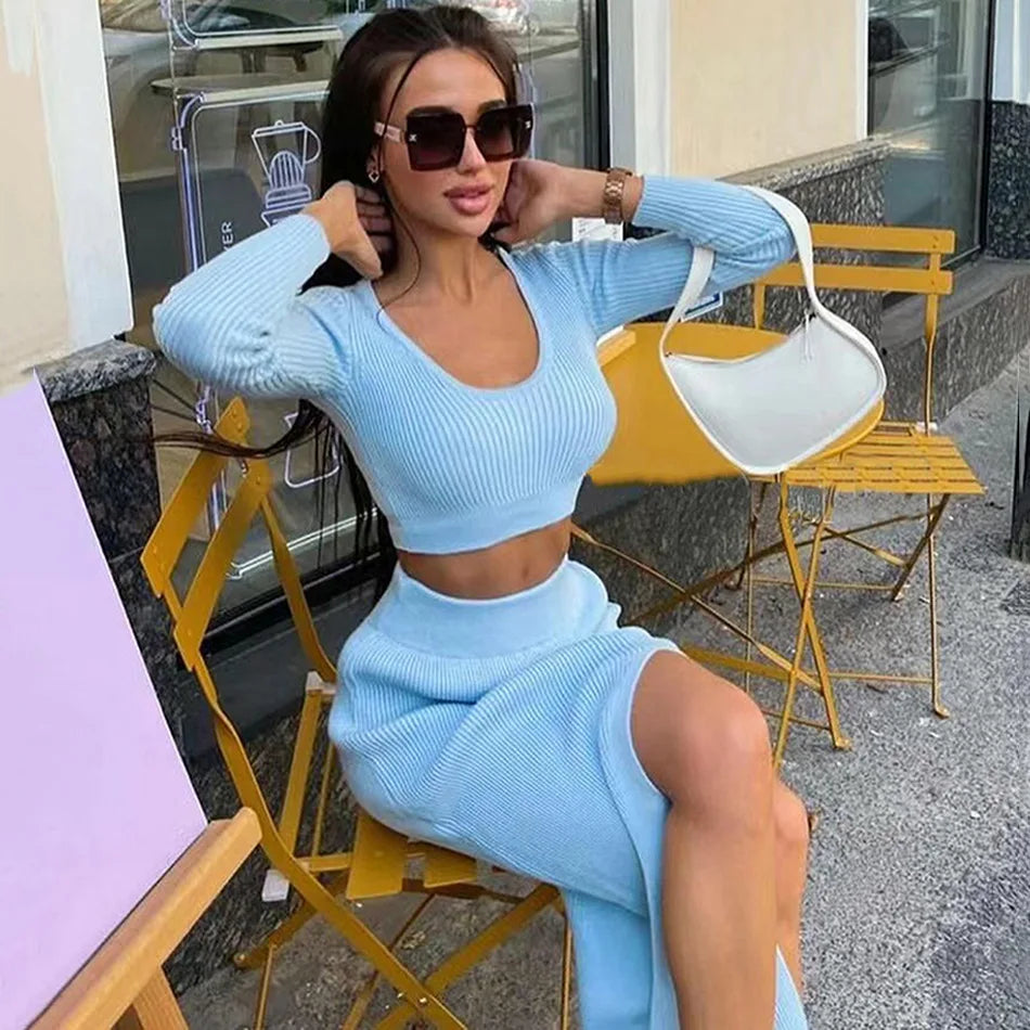 Women Sexy Knitted Sweater Skirt Suit Fashion Long Sleeve Crop Tops And Long Split Skirt Two Piece Set  Milanni Fashion   