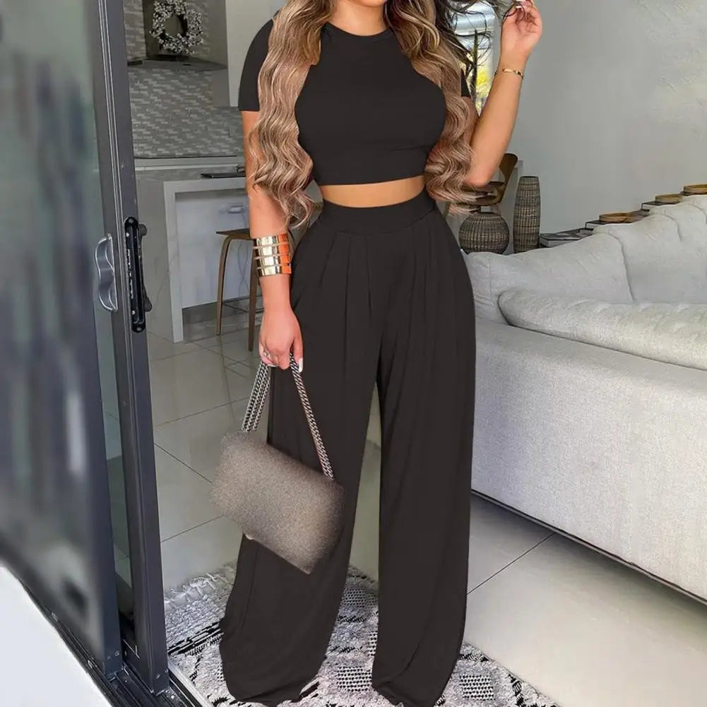 Elegant Women Solid Casual Fitness Tracksuit - Short Sleeve Crop Top & Trouser Flare Pant  Milanni Fashion   