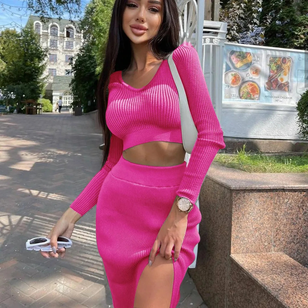 Women Sexy Knitted Sweater Skirt Suit Fashion Long Sleeve Crop Tops And Long Split Skirt Two Piece Set  Milanni Fashion Rose Red M 