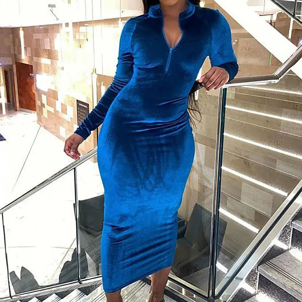 Women Solid Color Zipper Dress Autumn Winter Long Sleeve Bodycon Midi Dress  Milanni Fashion   