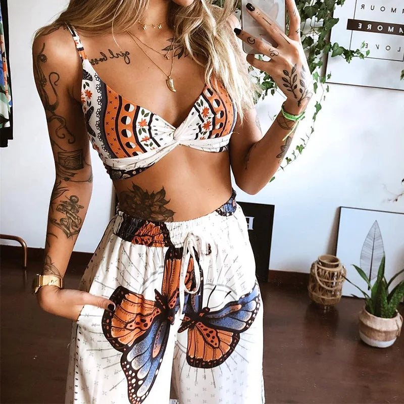 Boho Print Sleeveless Crop Top & Wide Leg Pants Set Women's Fashion 2-Piece Tracksuit  Milanni Fashion   