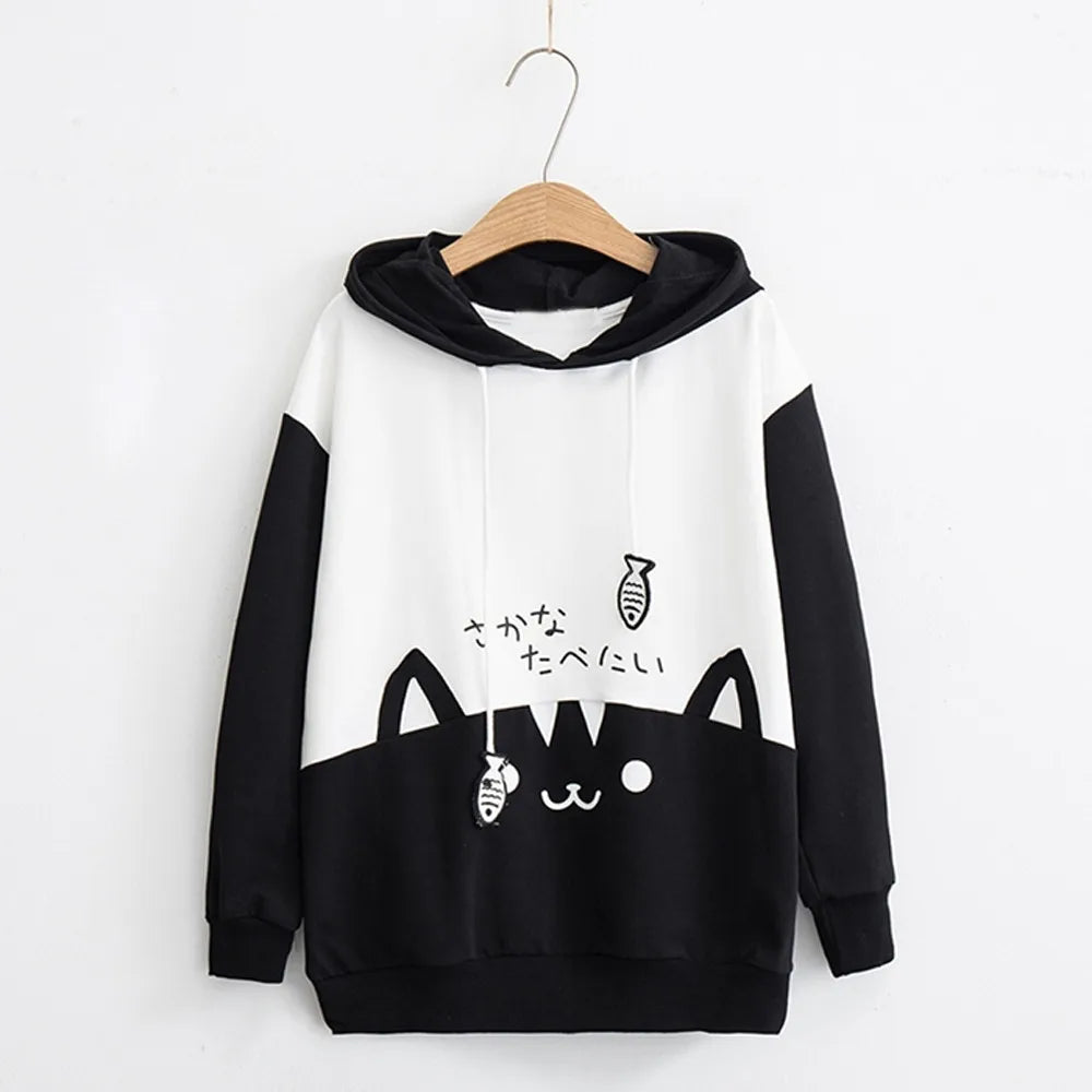 Kawaii Cat Print Sweatshirt Hoodie for Women Loose Casual Long Sleeve Pullover with Pocket Blouse Top Milanni Fashion