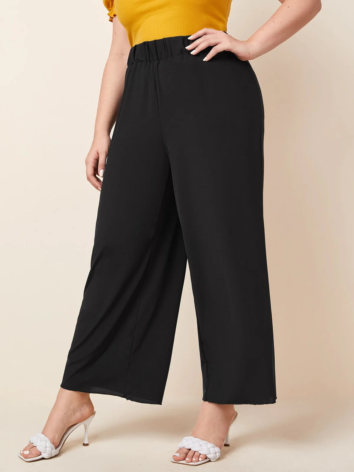 Elastic Waist Plus Size Wide Leg Pants Trendy Summer Elegance with Lettuce Trim Design for Women Milanni Fashion Black XXL