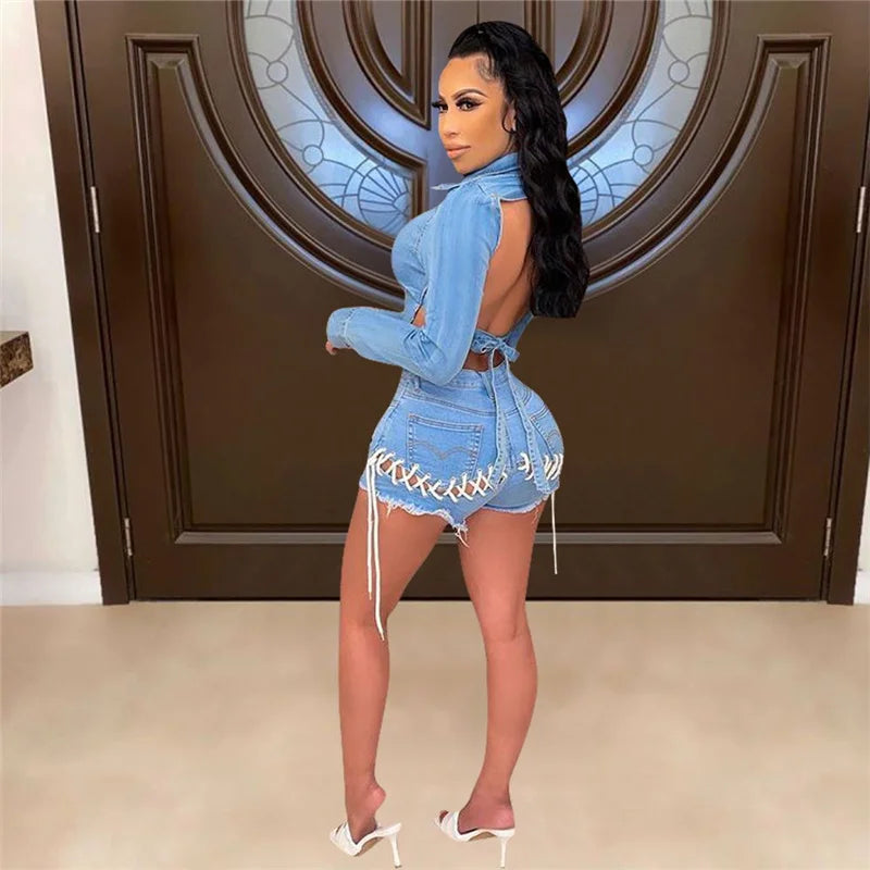 Women's Sexy Denim 2-Piece Set Backless Jacket Top & Lace-Up Shorts for Party Club Wear  Milanni Fashion   