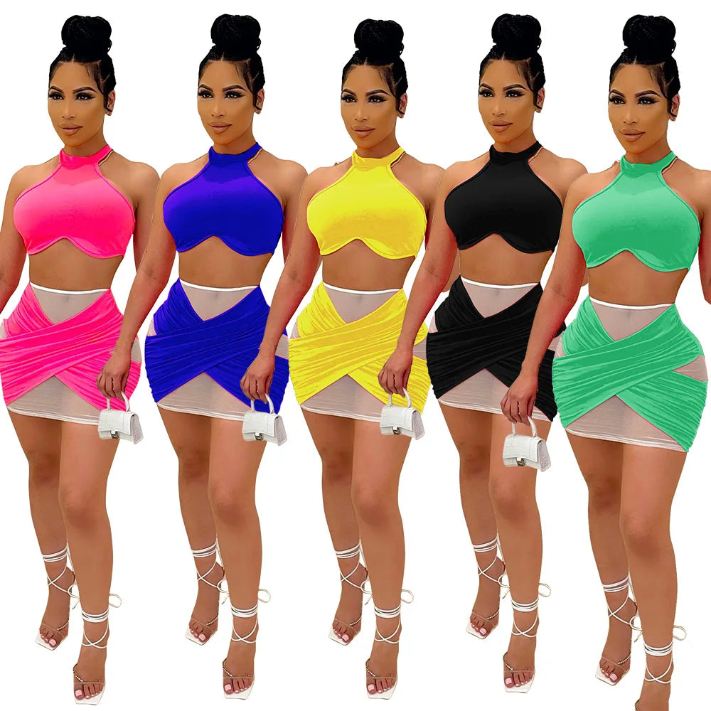 Solid Color Sleeveless Halter Tank Crop Top Skirt Set Sexy Casual Elegant Two-Piece Dress Set for Women Milanni Fashion