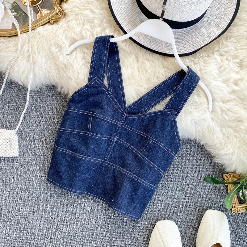 Vintage Denim Vest for Women Sexy Club Party Night Chic Cotton Jeans Bralette  Milanni Fashion Blue One Size 