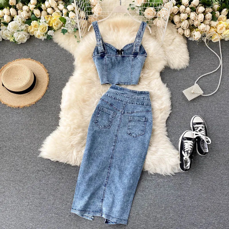 Denim Vest and Skirt Set Strapped Top with Button Details and Skirt Suit Casual Chic Women's Outfit Milanni Fashion