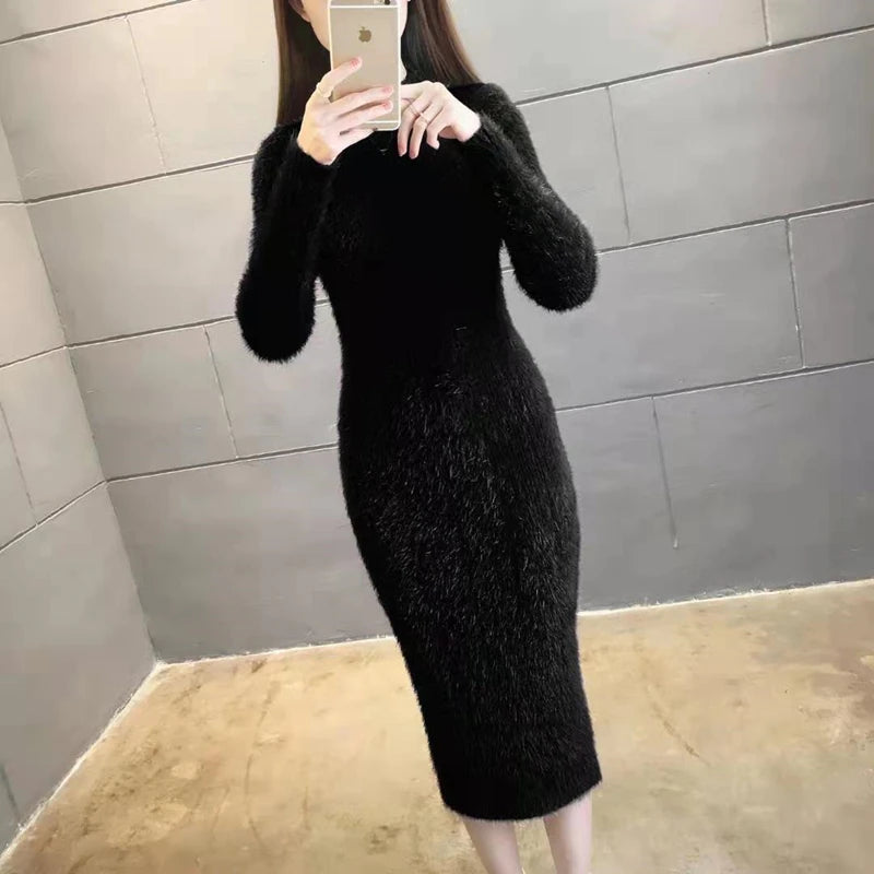 Women 2024 Imitation Mink Wool Thick Warm Turtleneck Sweater Dress  Milanni Fashion black XL 60-65KG 