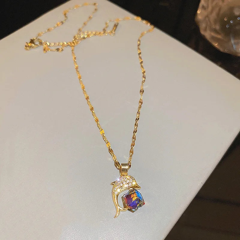 Colorful Magic Crystal Dolphin Pendant Necklace Elegant Romantic Wedding Jewelry for Women Milanni Fashion