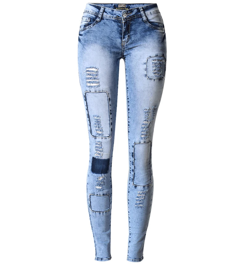 Trendy Style Low Waist Sky Blue Patchwork Skinny Tights Women Pencil Jeans  Milanni Fashion Sky Blue 34 