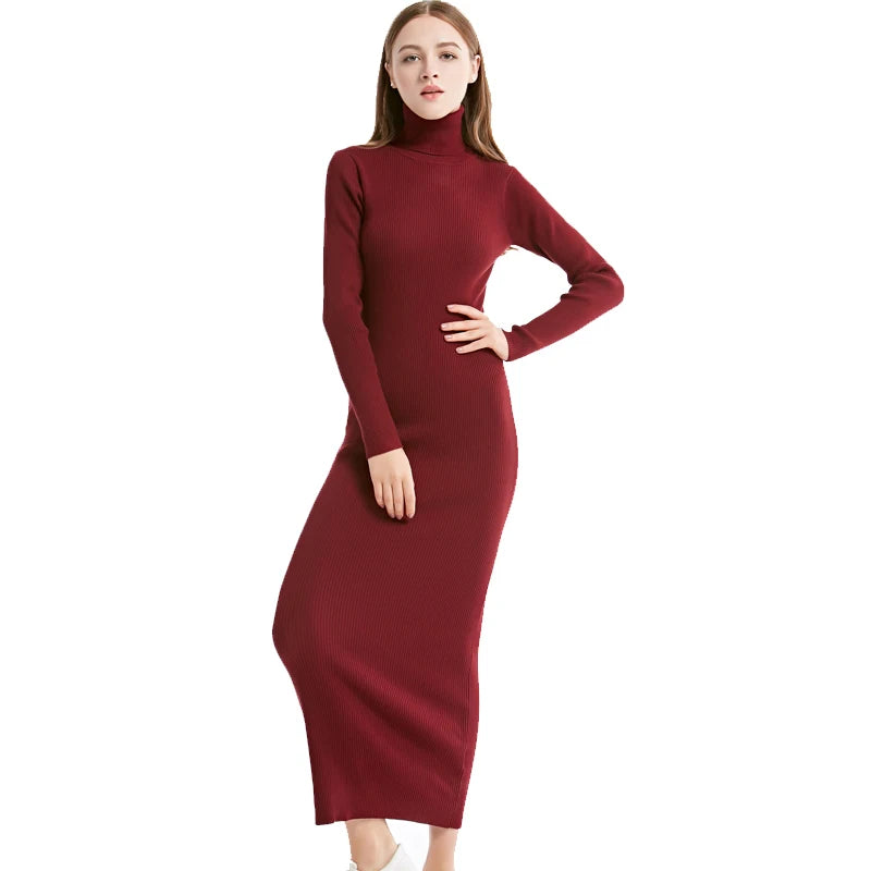 Women Sexy Party Dress Knit Style Long Sleeve Turtleneck Winter Maxi Dress  Milanni Fashion   