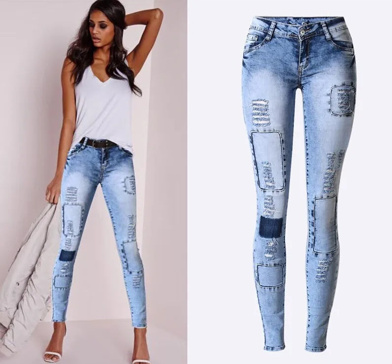 Trendy Style Low Waist Sky Blue Patchwork Skinny Tights Women Pencil Jeans  Milanni Fashion   