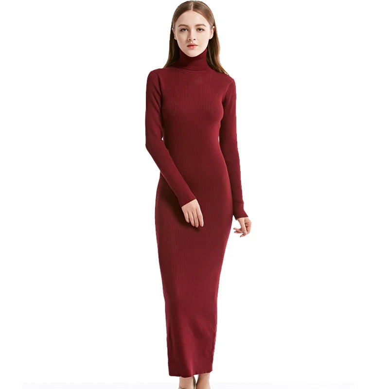 Women Sexy Party Dress Knit Style Long Sleeve Turtleneck Winter Maxi Dress  Milanni Fashion   