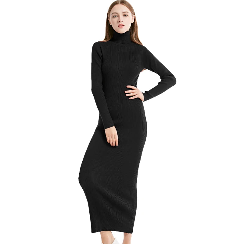 Women Sexy Party Dress Knit Style Long Sleeve Turtleneck Winter Maxi Dress  Milanni Fashion   