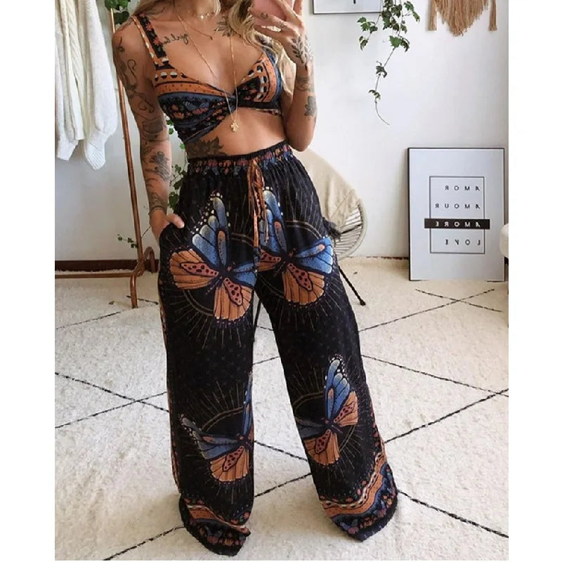 Boho Print Sleeveless Crop Top & Wide Leg Pants Set Women's Fashion 2-Piece Tracksuit  Milanni Fashion   