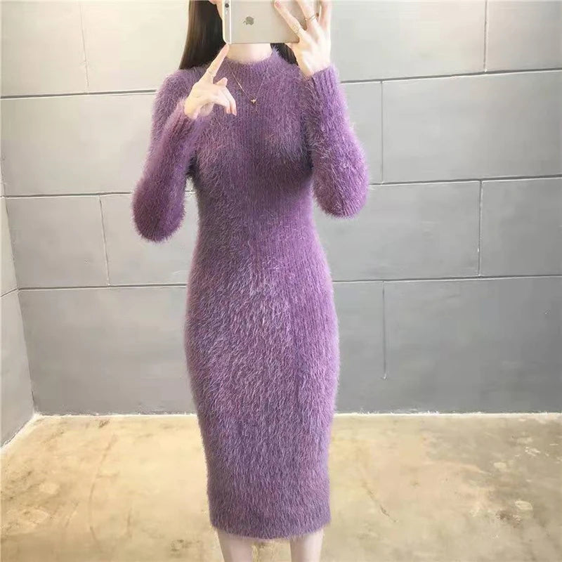 Women 2024 Imitation Mink Wool Thick Warm Turtleneck Sweater Dress  Milanni Fashion PURPLE XL 60-65KG 