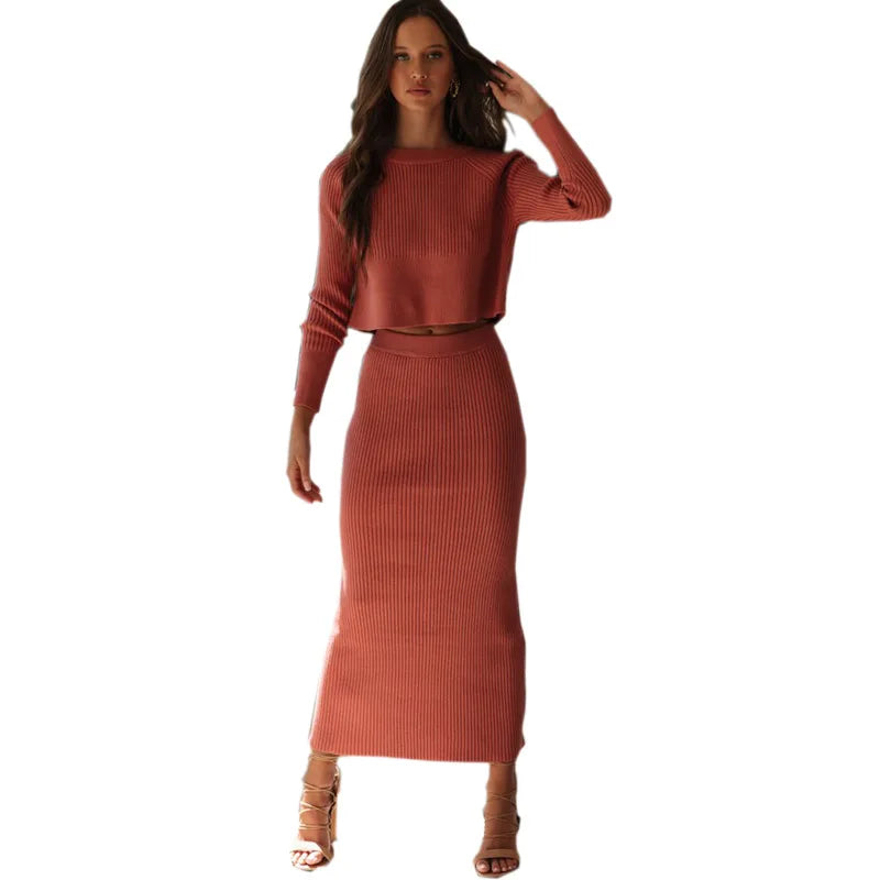 Knitted Two-Piece Set for Women: Sweater Crop Top & Bodycon Skirt Outfit Milanni Fashion