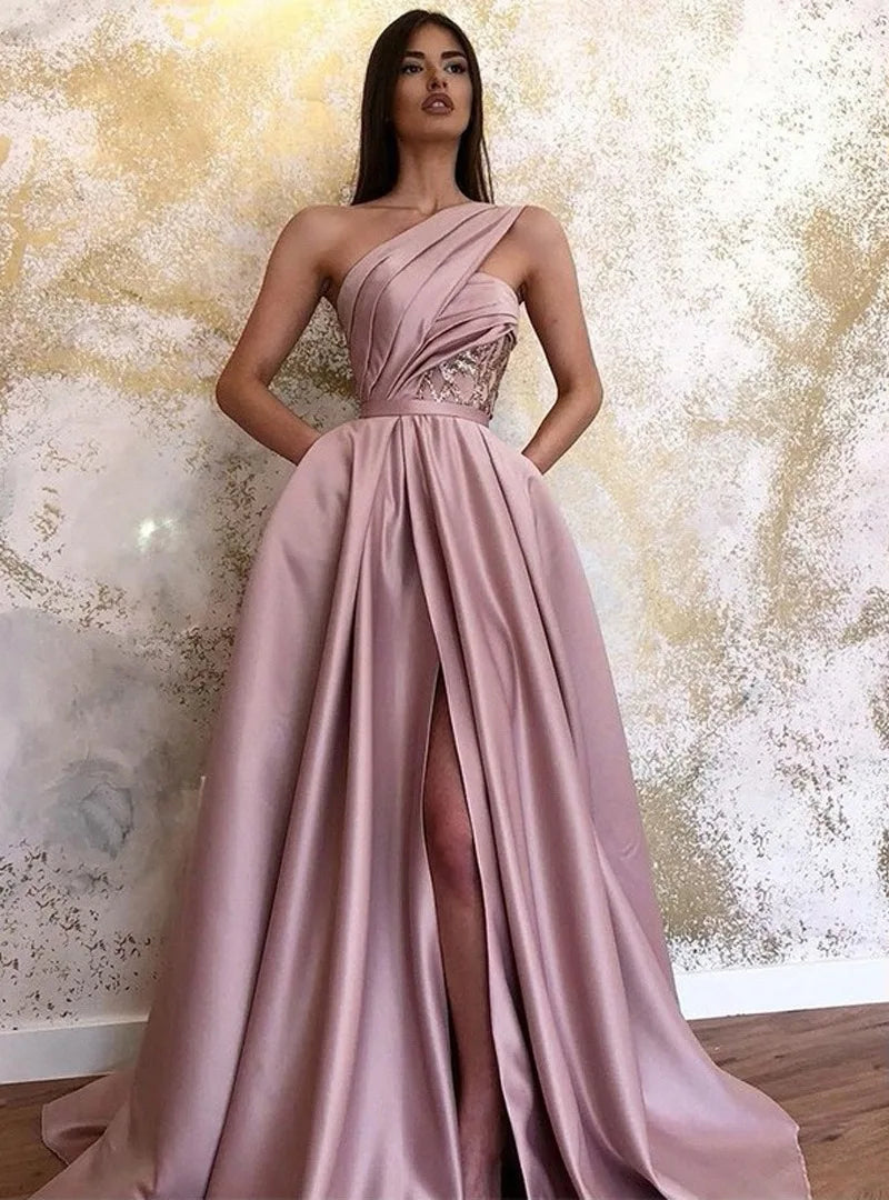 Sexy High Slit Slanted Shoulder Floor-length Evening Dress Maxi Dress Milanni Fashion   