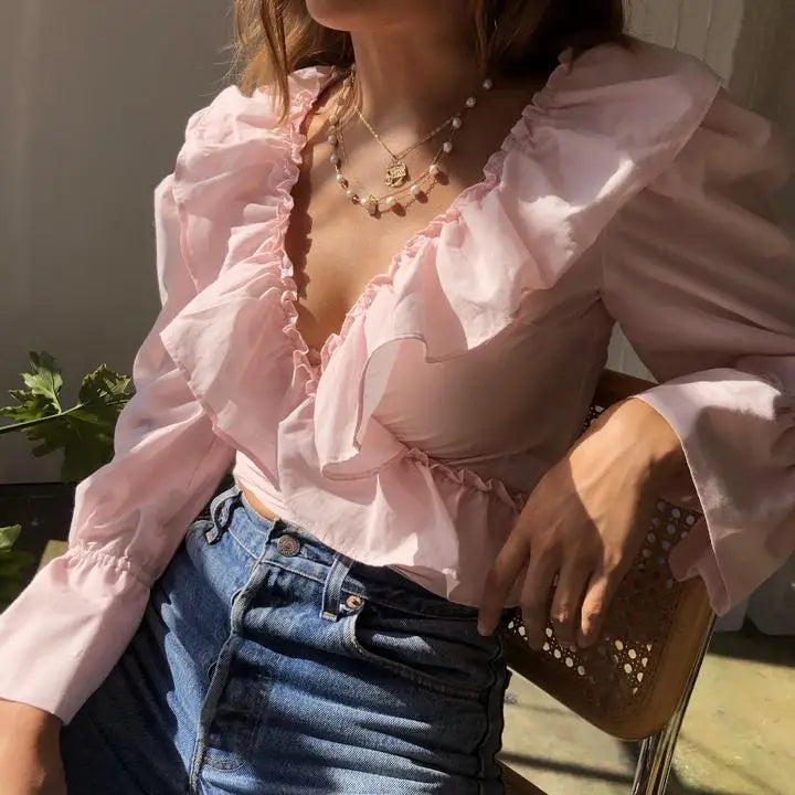 Fashion Ruffled V-Neck Crop Top with Long Puff Sleeves Blouse for Women Trendy and Stylish Design Milanni Fashion Pink XL