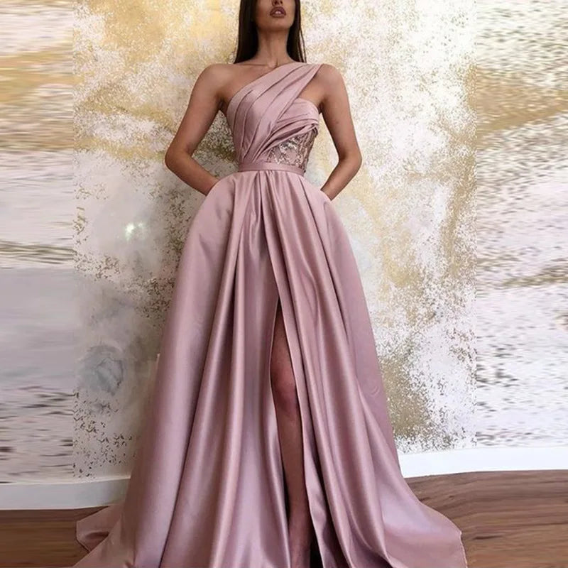 Sexy High Slit Slanted Shoulder Floor-length Evening Dress Maxi Dress Milanni Fashion   