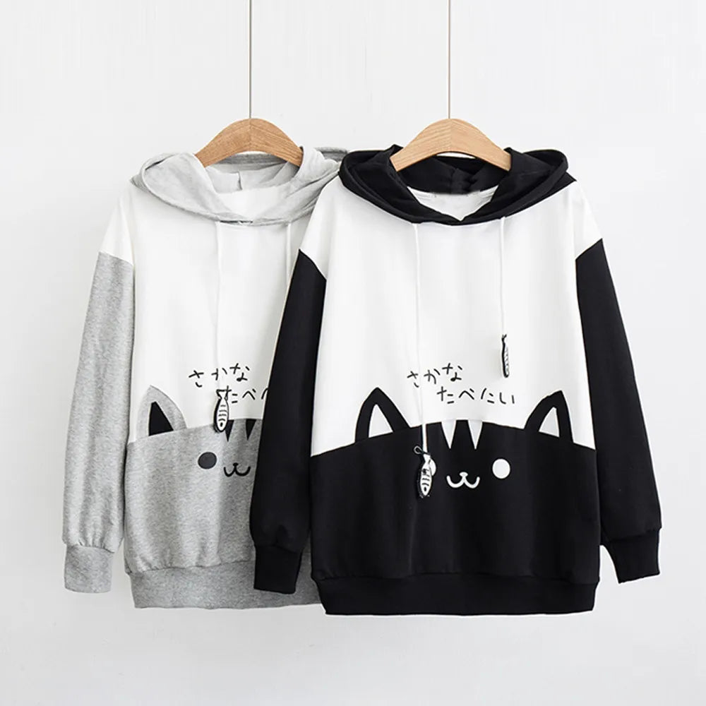 Kawaii Cat Print Sweatshirt Hoodie for Women Loose Casual Long Sleeve Pullover with Pocket Blouse Top Milanni Fashion