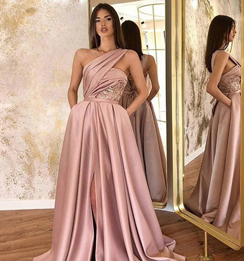 Sexy High Slit Slanted Shoulder Floor-length Evening Dress Maxi Dress Milanni Fashion   