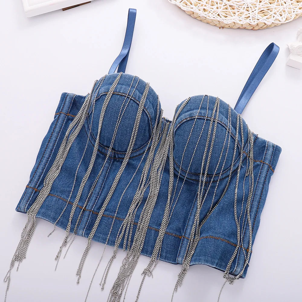 Tassel Fringes Denim Blue Crop Top Sexy Push Up Bustier Padded Corset Jeans Camisole for Women Milanni Fashion