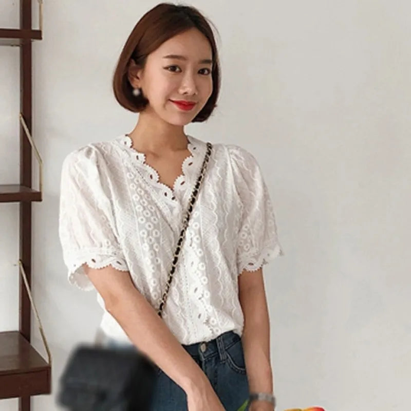 Office Ladies Lace Border Shirt Fashion Women Hollow Out White Blouse  Milanni Fashion   