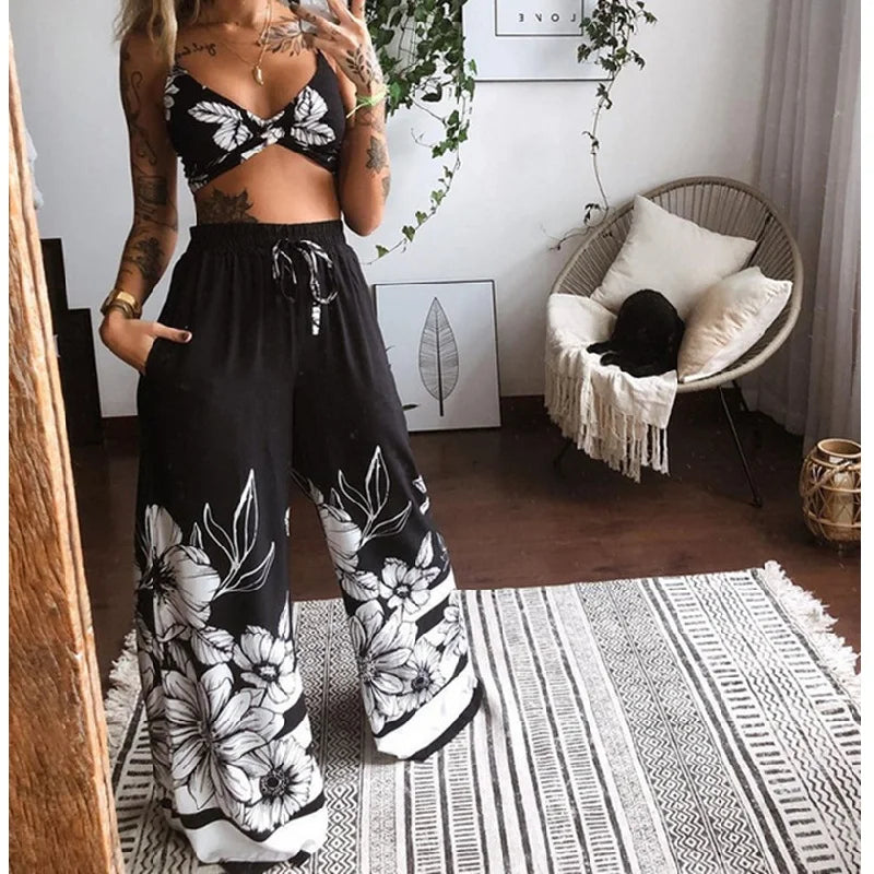 Boho Print Sleeveless Crop Top & Wide Leg Pants Set Women's Fashion 2-Piece Tracksuit  Milanni Fashion   