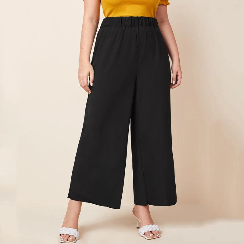 Elastic Waist Plus Size Wide Leg Pants Trendy Summer Elegance with Lettuce Trim Design for Women Milanni Fashion