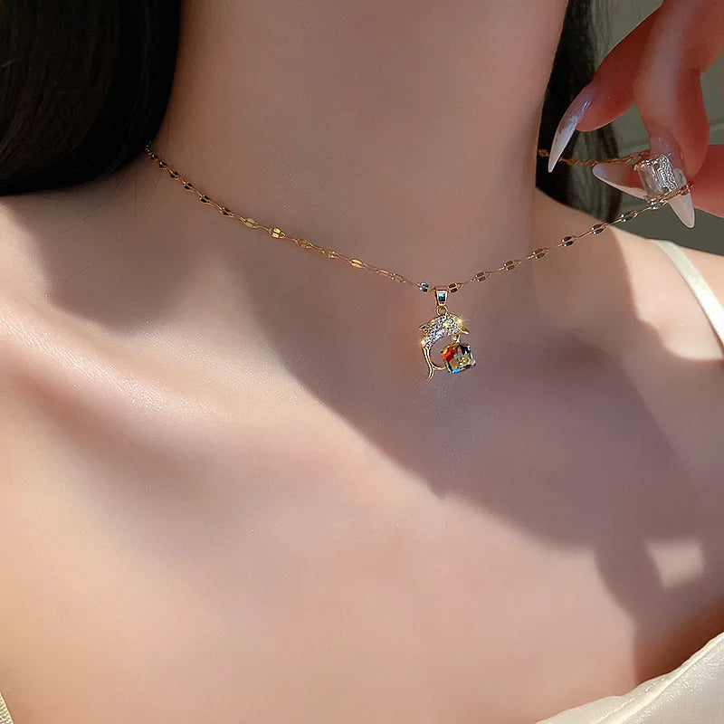 Colorful Magic Crystal Dolphin Pendant Necklace Elegant Romantic Wedding Jewelry for Women Milanni Fashion