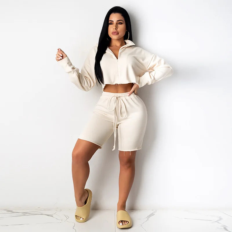 Casual Style Long Sleeve Stand Collar Crop Top and Shorts Two Piece Set for Women Stylish Summer Outfit Milanni Fashion Beige L