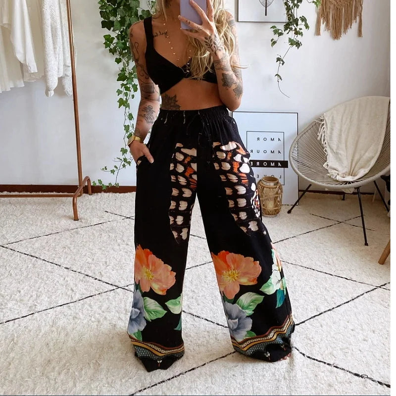 Boho Print Sleeveless Crop Top & Wide Leg Pants Set Women's Fashion 2-Piece Tracksuit  Milanni Fashion   