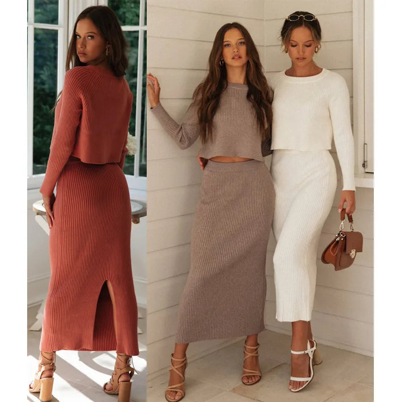 Knitted Two-Piece Set for Women: Sweater Crop Top & Bodycon Skirt Outfit Milanni Fashion