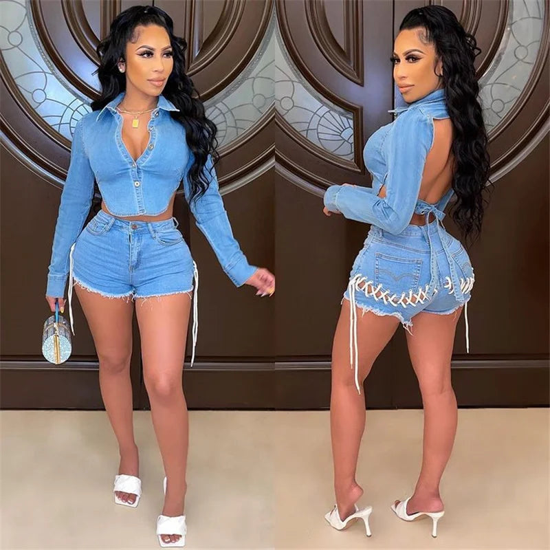 Women's Sexy Denim 2-Piece Set Backless Jacket Top & Lace-Up Shorts for Party Club Wear  Milanni Fashion   