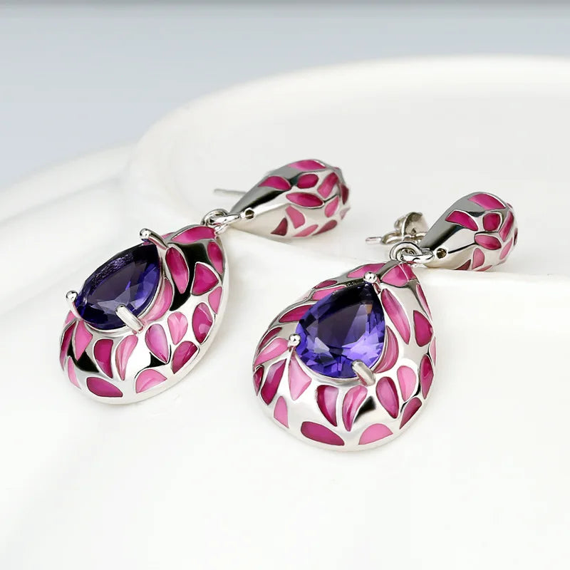 925 Silver Plated Purple Stone & Blue CZ Earrings, Handmade Enamel Fine Jewelry for Women Milanni Fashion