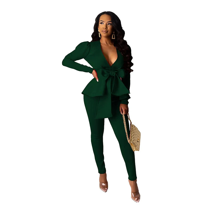 Winter Tracksuit Set Ruffled Bow Blazer and Pants Suit Office Lady Business Casual Outfit for Women Milanni Fashion