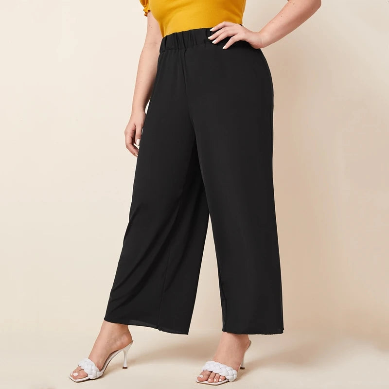 Elastic Waist Plus Size Wide Leg Pants Trendy Summer Elegance with Lettuce Trim Design for Women Milanni Fashion